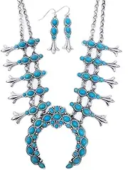 [Emulily] Wesetern Squash Blossom Statement Necklace and Earrings Set Western Navajo (Turquoise), One Size, Zinc, No Gemstone