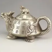 13cm Collectible Old Tibet Silver Handwork Carved Turtle Dragon Teapot Decor