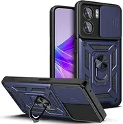 [CRAVEN] Case for Oppo A57s / A57, TPU Inside + Anti-Scratch PC, Mobile Phone Case Protective Cover with Ring Holder and Sliding Camera Cover - Blue