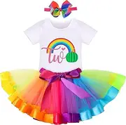 [IBTOM CASTLE] Newborn Infant Girls 1st 2nd 3rd 4th 5th Birthday Party Outfit Watermelon Themed Cotton Bodysuit + Rainbow Princess Tulle Tutu Skirt + Bowknot Headband Cake Smash Photo Props Dress for Baby Girls