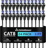 CableGeeker Patch Cables Cat8 3ft 24 Pack Slim, Cat8 Ethernet Patch Cable 40G 2000MHz Support, Snagless RJ45 Cat 8 Patch Cable for Patch Panel to Switch, Flexiable Network Cable - 3 Feet Black
