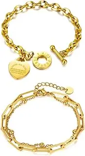 [LYLYMIMI] 2 Pieces Golden Cuban Bracelet 18k Gold Plated Personalized Chunky Cuban Oval Link Chain Bracelets for Woman Toggle Rope Bracelet Jewelry for Women