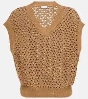 [Brunello Cucinelli] Brunello Cucinelli Open-knit cotton, linen and silk top AU 18 brown