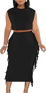 LYANER Women's 2 Piece Outfits Crewneck Fringe Sleeveless Crop Top and Tassel Trim Bodycon Midi Skirt Set