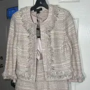 St. John Padmesh Pastel Pink Tweed Knit Fringe Jacket Size 6 & Dress Set Size 8