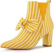 [Allegra K] Women's Pointed Toe Zip Striped Bow Chunky Heels Striped Ankle Boots