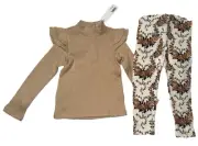 Janie And Jack Girl Size 3 Tan Sparkle Ribbed Ruffle Top Floral Ponte Pants New