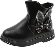 [Egmy] Fashion Autumn Winter Girls Boots Low Heel Flat Bottom Non Slip Rhinestone Bowknot Solid Side Boots for Girls Size