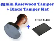 55mm Barista Coffee Hand Tamper Rosewood Handle Flat Base + Large Tamping Mat
