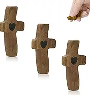 3Pcs Wooden Crosses for Crafts, Small Walnut Pocket Cross, Fingertip Stress Relief Hand Held Wood Cross, Clinging Cross for Praying, Religious Cross My Heart, Encouragement Gift (3 Pcs)