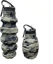 Collapsible Travel Water Bottle, Reuseable Silicone Foldable Water Bottles for Gym Camping Hiking, Portable Leak Proof Sports Water Army Camouflage Bottle with Grenade Carabiner (Desert Camo Grey)