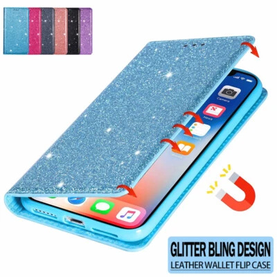 For iPhone 16 15 14 13 12 11 Pro Max X/XS XR Case Glitter Leather Wallet Cover