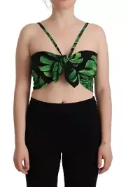 Dolce&Gabbana Women Green Black Cropped Top Silk Stretch Leaf Print Blouse IT 48