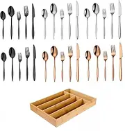 Black Gold Silverware Set, 30-Piece Flatware Set Stainless Steel Cutlery Kitchen Utensil Set Tableware Service for 6,with Bamboo Storage Box
