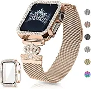 [YouthRun] Magnetic Band Compatible with Apple Watch 38mm 40mm 41mm 42mm 44mm 45mm 46mm Stainless Steel Metal Strap with Bling Case and Built-in Screen Protector, Dressy Milanese Loop iWatch Bands for