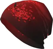 [ZaKhs] Red Cherry Blossom Print Beanie Hat Winter Warm Knit Hat Soft Skull Cap for Women Men, Black, One Size