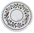 Round White Marble Garden Side Table Inlaid with Border Pattern Coffee Table Top