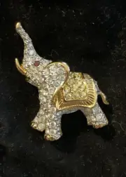 Swarovski Swan Signed Gold Tone Clear/Amber Crystals Elephant Brooch