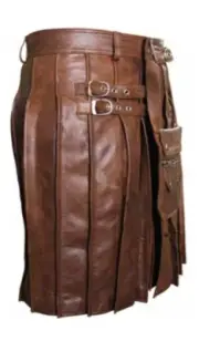 Mens Real Cowhide Leather Brown Heavy Duty Beautiful Pleated Kilt & Sporran LARP