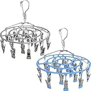 Funamily 2 Pack Underwear Drying Rack, Laundry Hanger for Sock with 48 Clips,Round Heavy Duty Stainless Steel Socks Dryer Hanger for Hanging Towels, Baby Clothes, Lingerie, Bra, Herbs. (Blue/Grey)