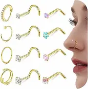 [ORAZIO] 18g 20g 22g Nose Rings Hoops for Women Corkscrew L Shape Nose Rings Studs Hypoallergenic Surgical Stainless Steel Nose Ring Gold Small Cute Piercing Jewelry 1.5mm 2mm 2.5mm 3mm Diamond CZ 12Pcs