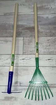 True Living Kids Leaf Rake and Hoe - Garden/Home - Blue/Green/Wooden Handle NEW