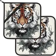 2 Pack Pot Holders for Kitchen Heat Resistant Potholders Black and White Doodle Tiger Pot Holders Set Washable Hot Pads with Loop Non Slip Potholders for Cooking Baking BBQ Microwave 8 x 8 Inch