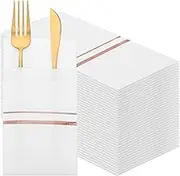 Dinner Napkins Disposable Linen Feel Dinner Napkins with Built-in Flatware Pocket Gold Trim Lined Pre Folded Napkins Cloth Like Paper Napkins for Wedding Dinner Party (100, White, Rose Gold)