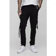 Mens Black Tall Fixed Waist Multi Cargo Strap Detail Skinny Cargo Trousers