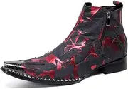 [Generic] Embossed Texture Ankle Boot for Men Work BootGenuine Leather Zipper Metal Pointed Toe Block Heel Pull On Men's Leather Shoes