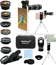 Cell Phone Camera Lens Kit,11 in 1 Universal 20x Zoom Telephoto Lens,0.63Wide Angle+15X Macro+198°Fisheye+2X Telephoto+Kaleidoscope+CPL/Starlight/Eyemask/Tripod/Remote,for Most Smartphone (Black)
