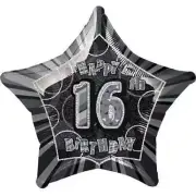 Glitz Black And Silver 16th Birthday Star Shape Foil Balloon 50cm (20")
