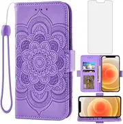 Asuwish Compatible with iPhone 12 Mini 5.4 Wallet Case and Tempered Glass Screen Protector Leather Flip Credit Card Holder Cell Phone Cover for iPhone12mini 5G i 12s iPhone12 12mini Women Men Purple