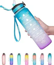 Giotto 32oz Large Leakproof BPA Free Drinking Water Bottle with Time Marker & Straw to Ensure You Drink Enough Water Throughout The Day for Fitness and Outdoor Enthusiasts-Ombre Green Purple