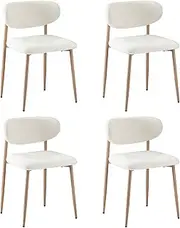 OIKITURE Dining Chairs Set of 4, Kitchen Chairs with Contoured Backrest, Boucle Dining Chair with Anti-Slip Floor Protectors for Dining Room Cafe Office, Wood&White