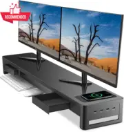 Dual Monitor Stand Riser 2 Drawers, 4 USB Ports & Charging Pad - Desk Organizer
