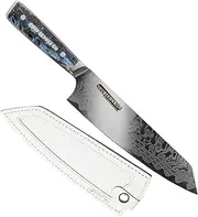 Damascus Chef Knife 21 cm, 45 Layer AUS-10 Steel Kitchen Knife, Includes Leather Sheath