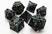 Old School Dice: Hollow Metal 7-Piece Set - Dragon - Black w/ Green