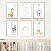Children's Room Posters | Set of 6 DIN A4 Poster Set | Wall Pictures | Animals Balloon | Decorative Pictures Children's Room | Baby Room Decoration I Africa (Animals with Balloon Mint)
