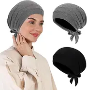 [XEPST] 2 PCS Hijab Undercap for Women, Islamic Muslim Under Hijab Cap Satin Lined Undercap Tie Back Bonnet Inner Head Scarf Head Wraps Hair Turbans for Women Chemo Headwear Sleep Cap, Black+Dark Grey,