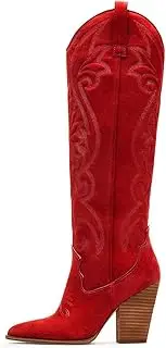 [VOMIRA] Knee High Cowboy Boots for Women Pointed Toe Chunky High Heels Pull-on Embroidered Boots Western Boots Wide Calf Cowgirl Boots