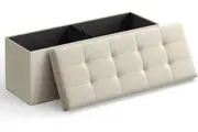 Foldable Storage Ottoman Bench with Linen-Look Fabric and Footrest - Beige
