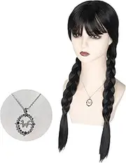 QAUARUMSUN Long Braided Wigs for Women Black Braided Wednesday Wig with Fringe Cosplay Costume Party Wigs for Family Women Girls