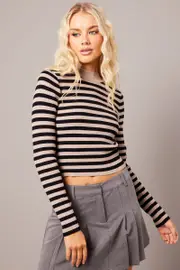 Beige Stripe Knit Top Long Sleeve Funnel Neck - Size XS, Women's Basic Knit