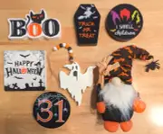 Halloween Wood Sign Decorations & Plush Gnome - Set of 7