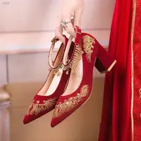 在飛比找蝦皮商城精選優惠-秀禾鞋 婚鞋 中式秀禾鞋 結婚新娘鞋 紅色粗跟繡花高跟鞋 新