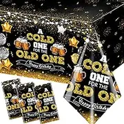 Beer Party Decorations,Black and Gold Happy Birthday Tablecloth for Men A Cold One for The Old One Plastic Tablecloth for 30th 40th 50th Birthday Cheers and Beers Party Supplies
