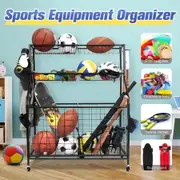 All-in-one Ball Storage Rack Sports Equipment Garage Organizer Basketball Holder Cart with Wheels Hooks Metal
