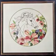 Vintage Crewel Embroidery Kit Unicorn in Floral Circle Dimensions No. 1222 16x16