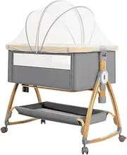 PlayPals 3-in-1 Baby Cot with Mattress, Baby Bassinet with 6 Height Adjustable, Storage Basket, Mosquito Net & Lockable Wheels, Baby Bassinet Bedside Sleeper Suitable for Babies 0-18 Months Old